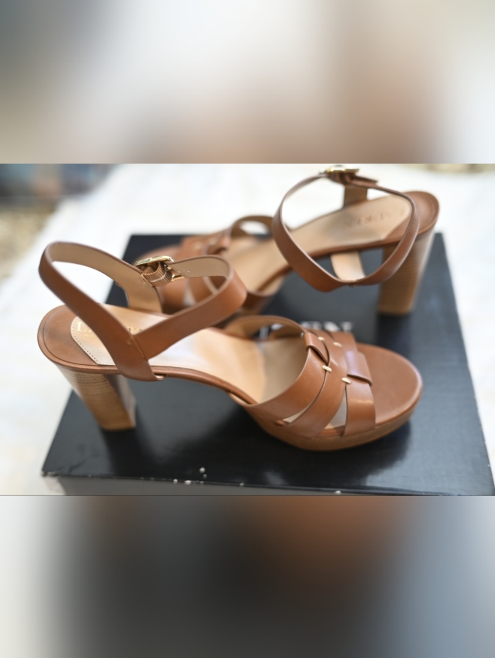 Ralph Lauren Soffia Brown Tan Leather Block Heel 4in Strappy Sandals 9.5 B